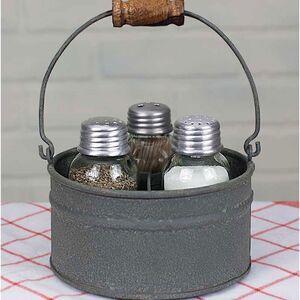 NEW! Farmhouse Galvanized Gray Metal Bucket Mason Salt Pepper Toothpick Holders
